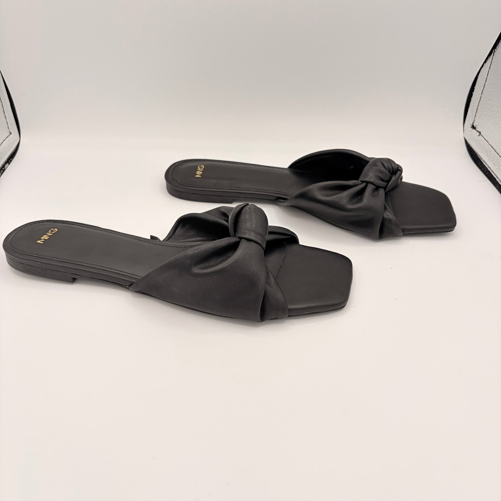 Mango MNG Slide Sandals Sz 39 Minimalist Black Square Toe Knotted Bow Flat Slip